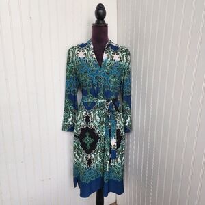 DM Collection Jamison Jersey Shirt Dress Womens 14 Floral Teal Green Career